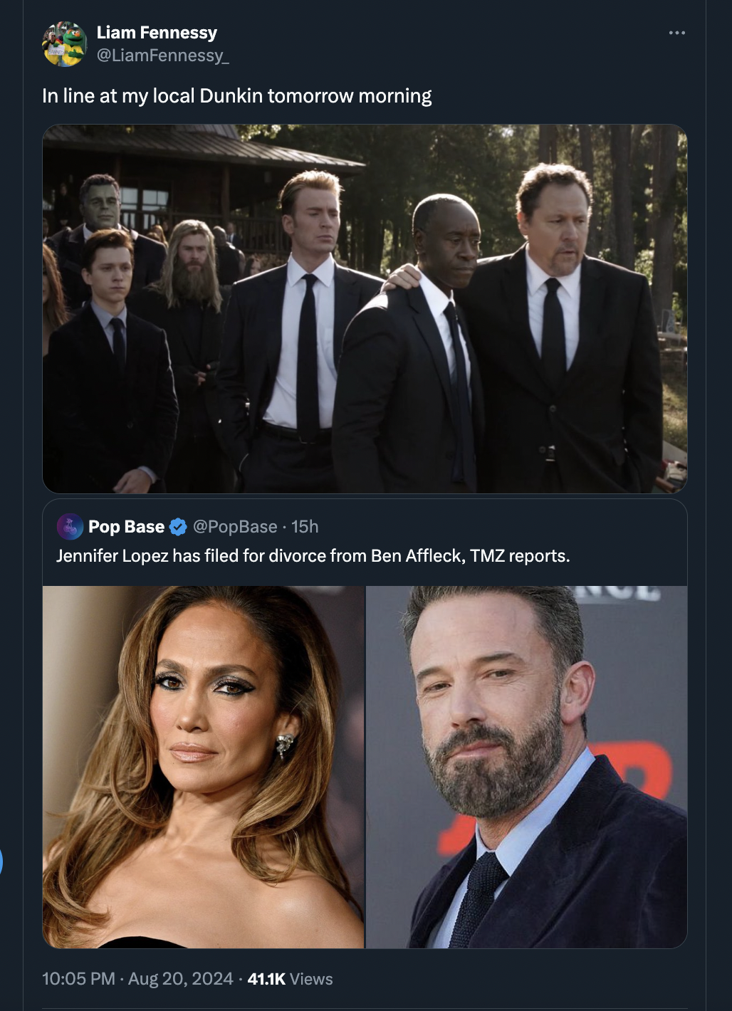 yelena at tony stark's funeral - Liam Fennessy In line at my local Dunkin tomorrow morning Pop Base PopBase 15h Jennifer Lopez has filed for divorce from Ben Affleck, Tmz reports. Views